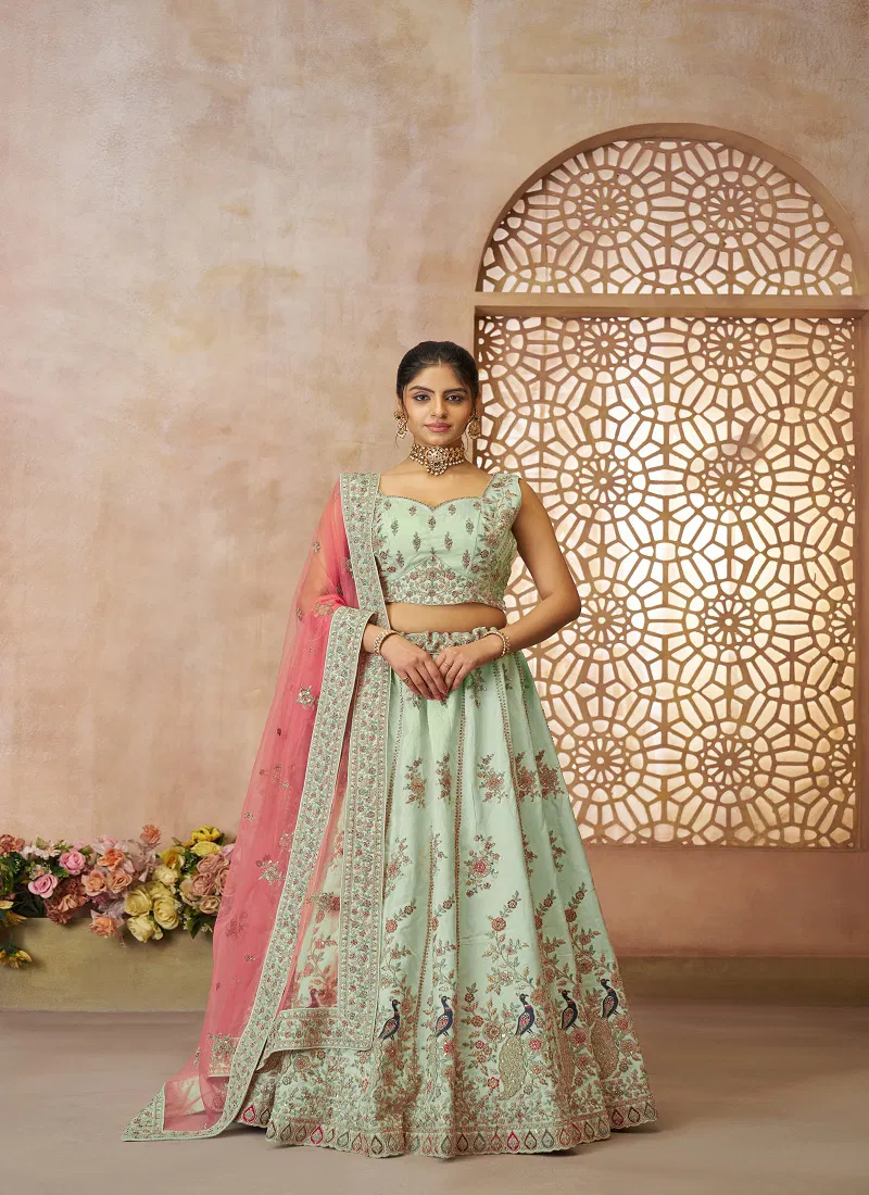Kf 35 Green Blue Zari Silk Embroidery Work Lehenga Choli & Dupatta Wholesale In India